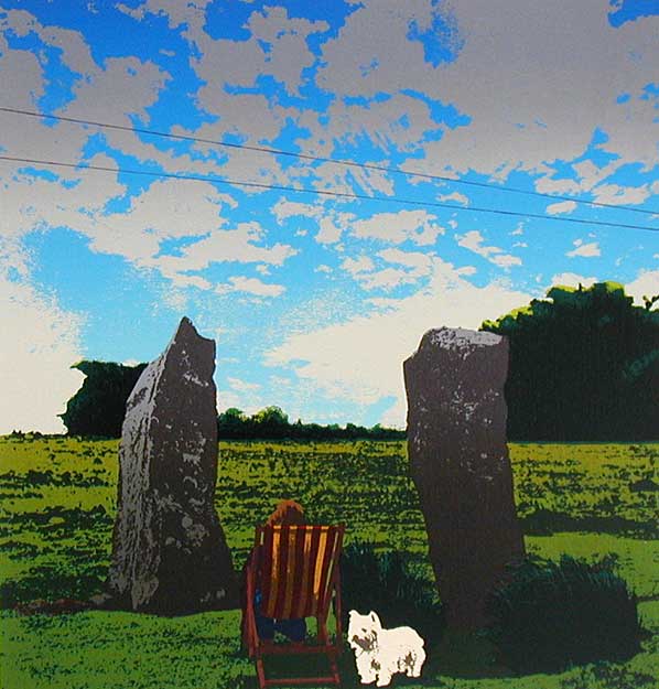 Bronze age stones with onlooker and dog, Preseli Mountains